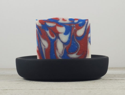 Red, white and blue swirled handmade soap